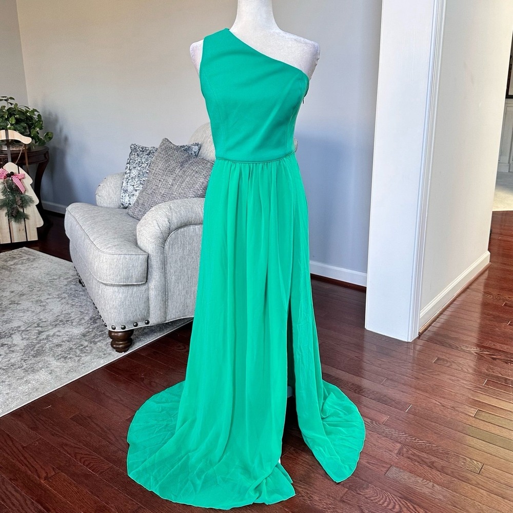 Adrianna Papell One Shoulder Green Formal Feminine Gown Maxi Dress Size 12